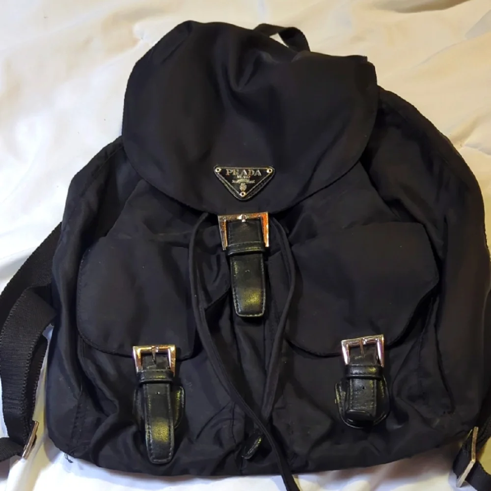 Prada Tessuto Black Nylon Backpack Double Pocket Drawstring Buckle Designer - Picture 2 of 11